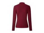 Back view of a women's long-sleeved ribbed mock neck top in a deep red color.