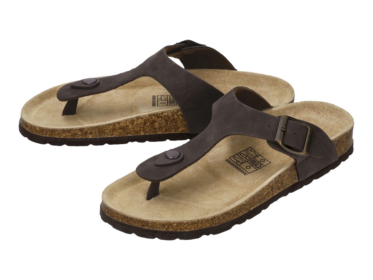 Pair of dark brown thong sandals with cork soles and adjustable buckles.
