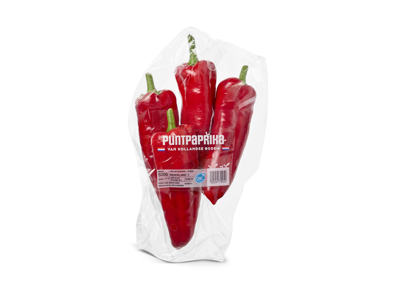 Verpakking met rode puntpaprika's, met de tekst 'Puntpaprika van Hollandse bodem' en productinformatie.