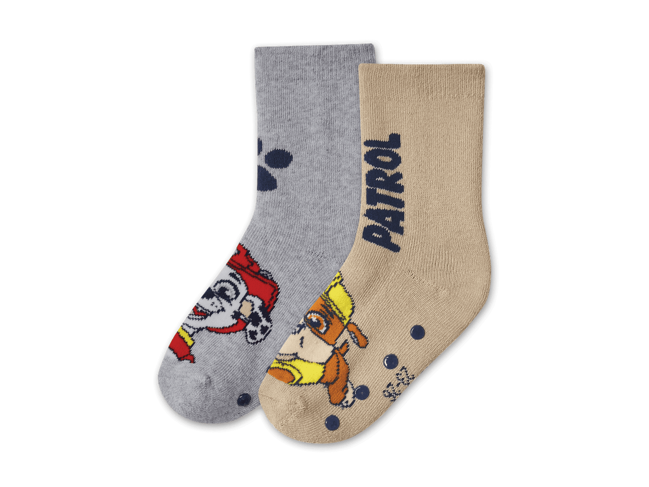 Zwei Paar Paw Patrol Socken: ein graues mit Chase und ein beiges mit Rubble und dem Schriftzug „PATROL“.