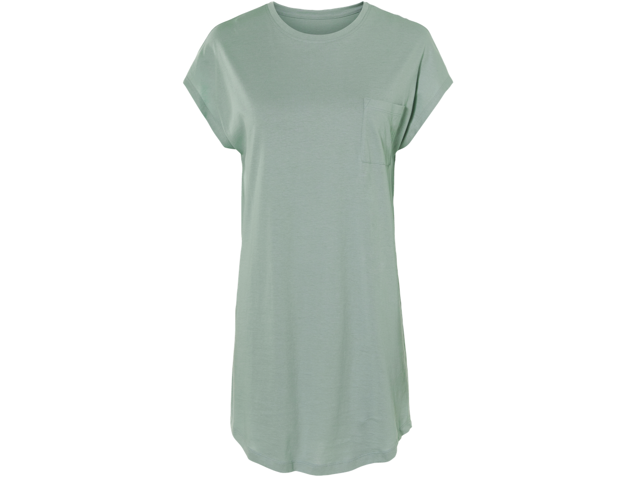 Mėtinės spalvos marškinėlių suknelė su kišenėle.