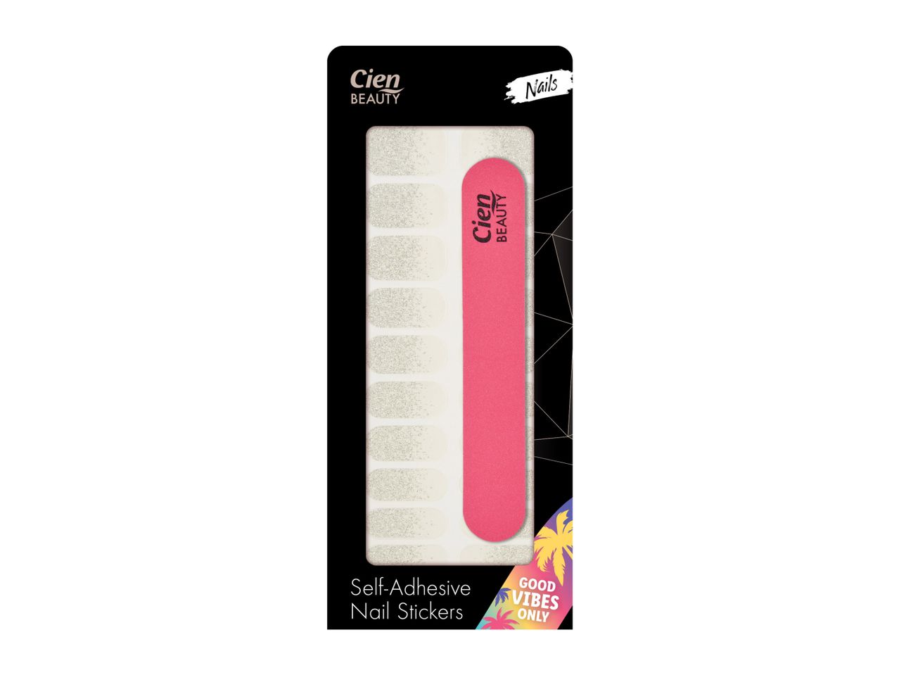 A pink and white nail file on its packaging.