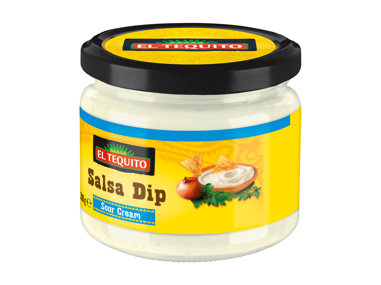 EL TEQUITO Salsa Dip Smântână într-un borcan cu chipsuri tortilla și ceapă.