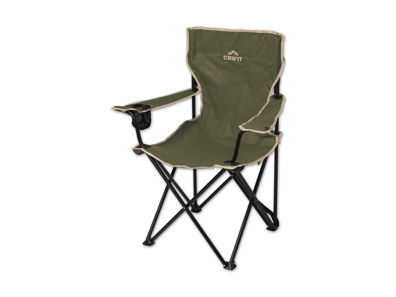 Grüner Campingstuhl mit Armlehnen und Getränkehalter