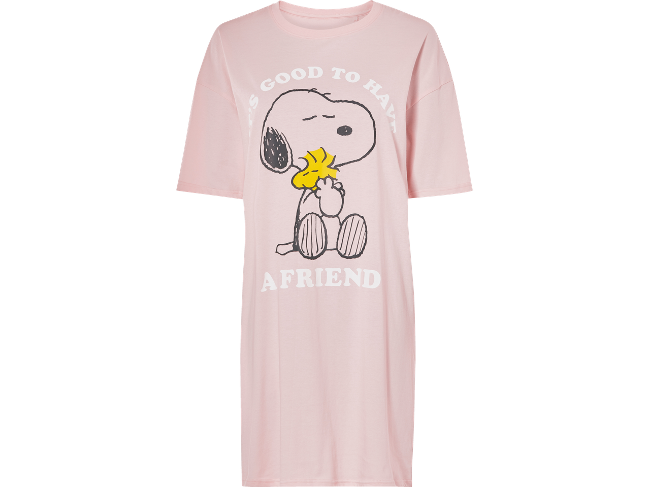 Ροζ νυχτικό Snoopy με κείμενο 'It's good to have a friend'.