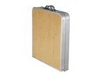 Foldable camping table with a bamboo-effect top and aluminum frame, in a folded position.