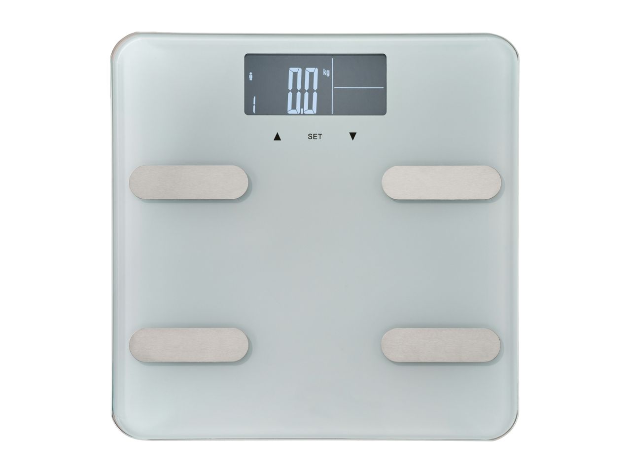 Digital bathroom scale with a light blue glass surface and four silver electrodes, displaying '0.0 kg'.