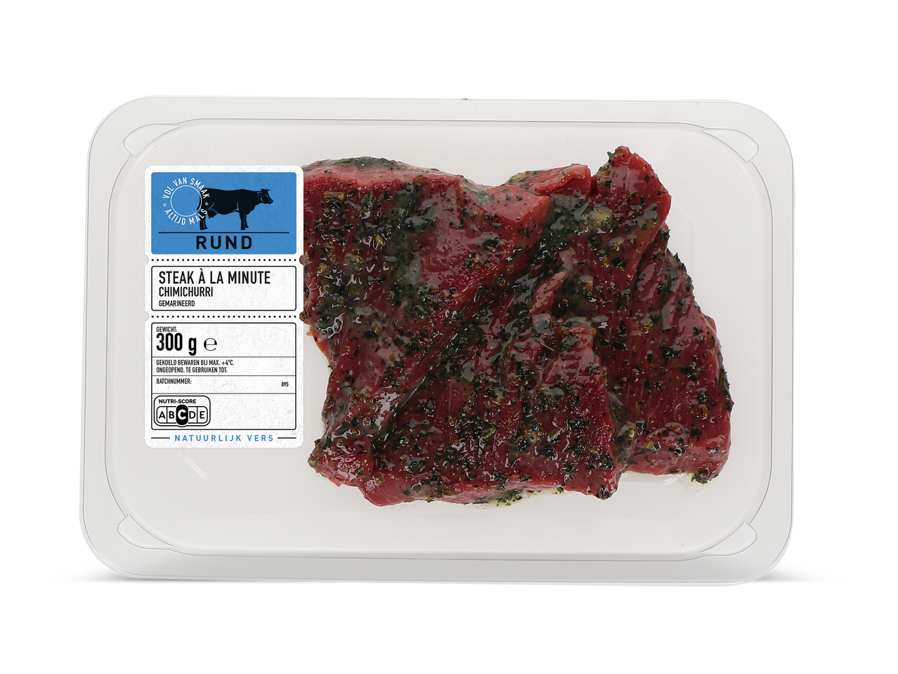 Verpakte gemarineerde biefstuk met chimichurri kruiden, 300g, Nutri-Score C.