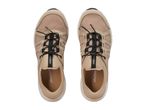 Pair of beige and black mesh water shoes with elastic laces, top view.