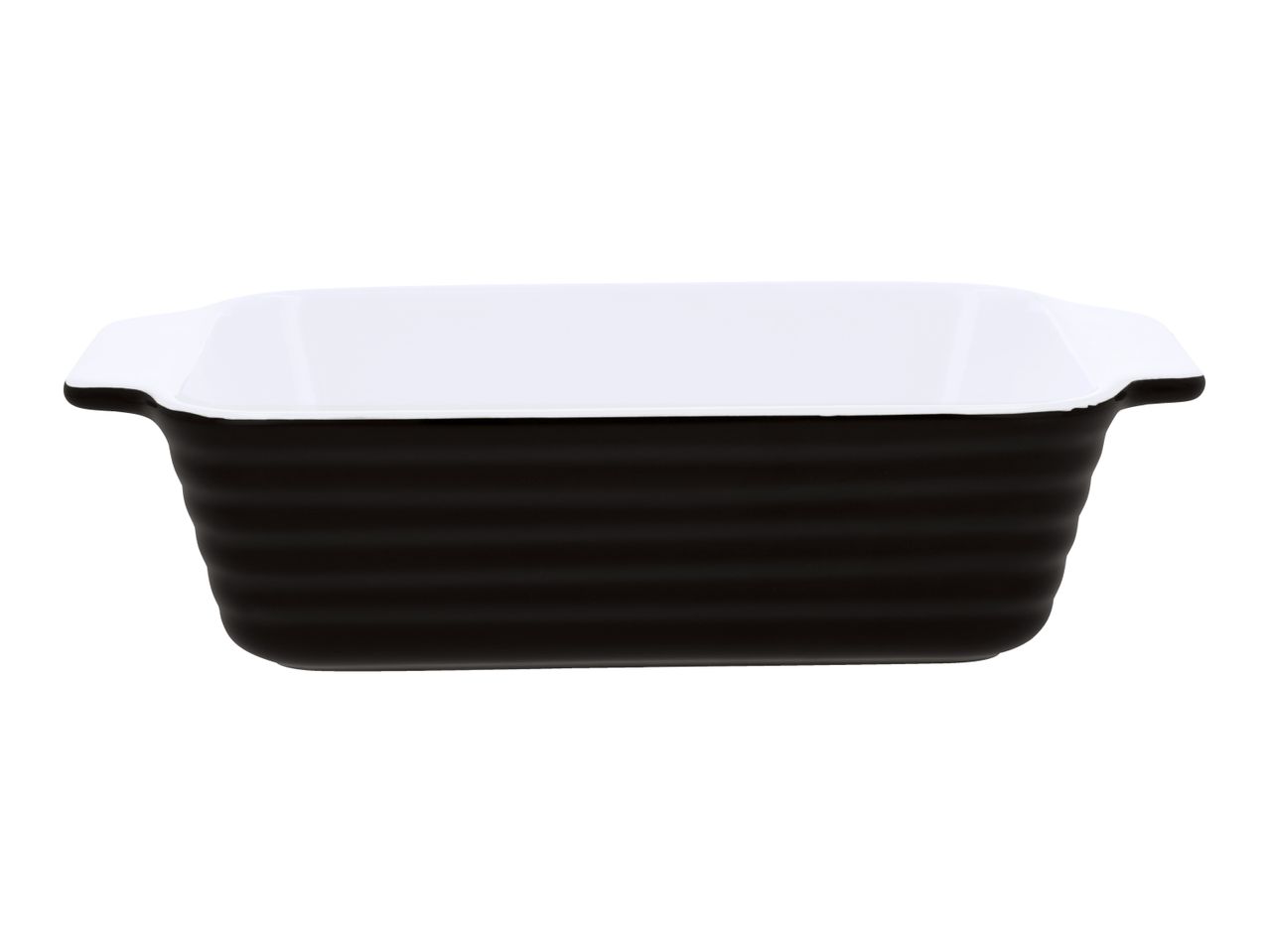 Black and white rectangular baking dish with ribbed exterior