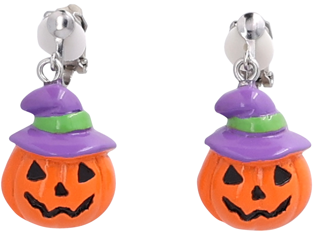 Two Halloween pumpkin earrings with purple witch hats and green bands.