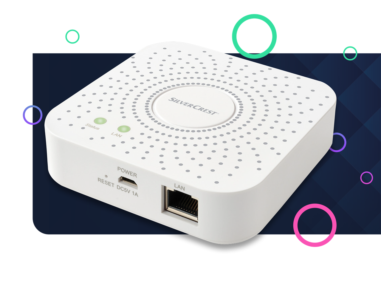 SilverCrest smart home enhed med LAN-port.