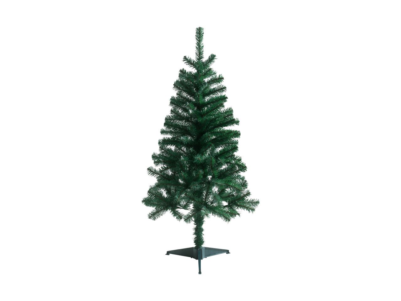 An artificial green Christmas tree with a dark stand on a white background.