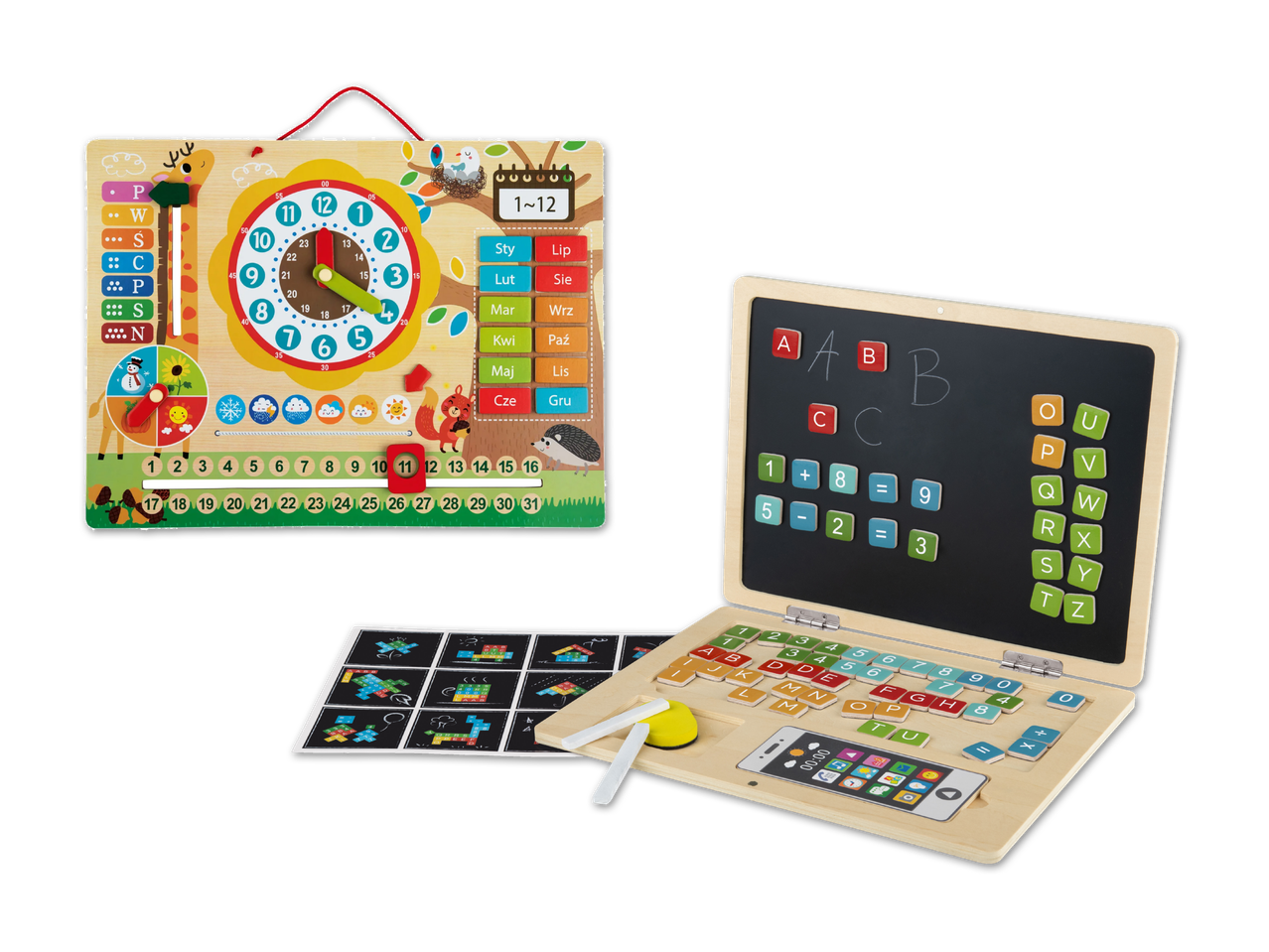 Hölzernes Lernspielzeug: Kalender, Uhr, Magnettafel mit Buchstaben und Zahlen, Kreide und Schwamm.