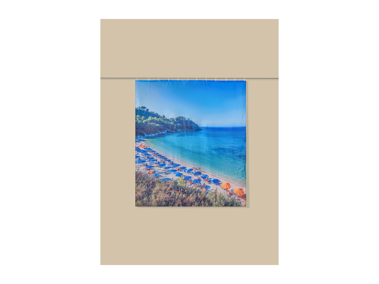 Shower curtain with a vibrant beach scene featuring blue and orange umbrellas.