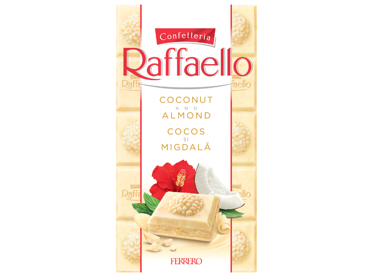 Бял шоколад с кокос и бадем, с надпис „Coconut and Almond“ и „Cocos și Migdală“.