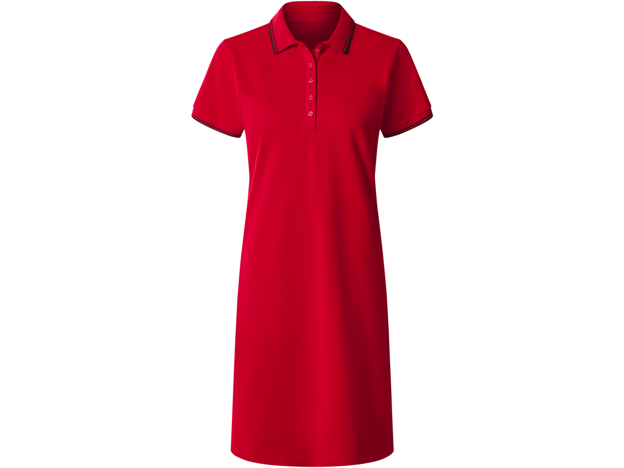 Crvena polo haljina kratkih rukava s tamnim prugastim detaljima na ovratniku i rukavima.