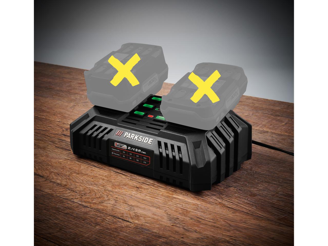 Двойно бързо зарядно устройство Parkside® X 20V Team с две едновременно зареждащи се батерии.