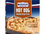 Pizza McKennedy de borda recheada com salsichas.