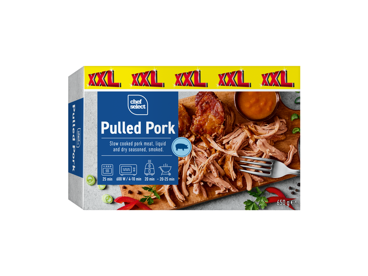 CHEF SELECT Pulled Pork XXL verpakking met kookinstructies en ingrediënten.