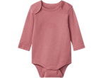 lupilu® Baby Long-Sleeve Bodysuit in a solid dusty rose color, with snap closures at the crotch.