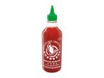 A bottle of red hot chili sauce with a green cap and a goose logo.