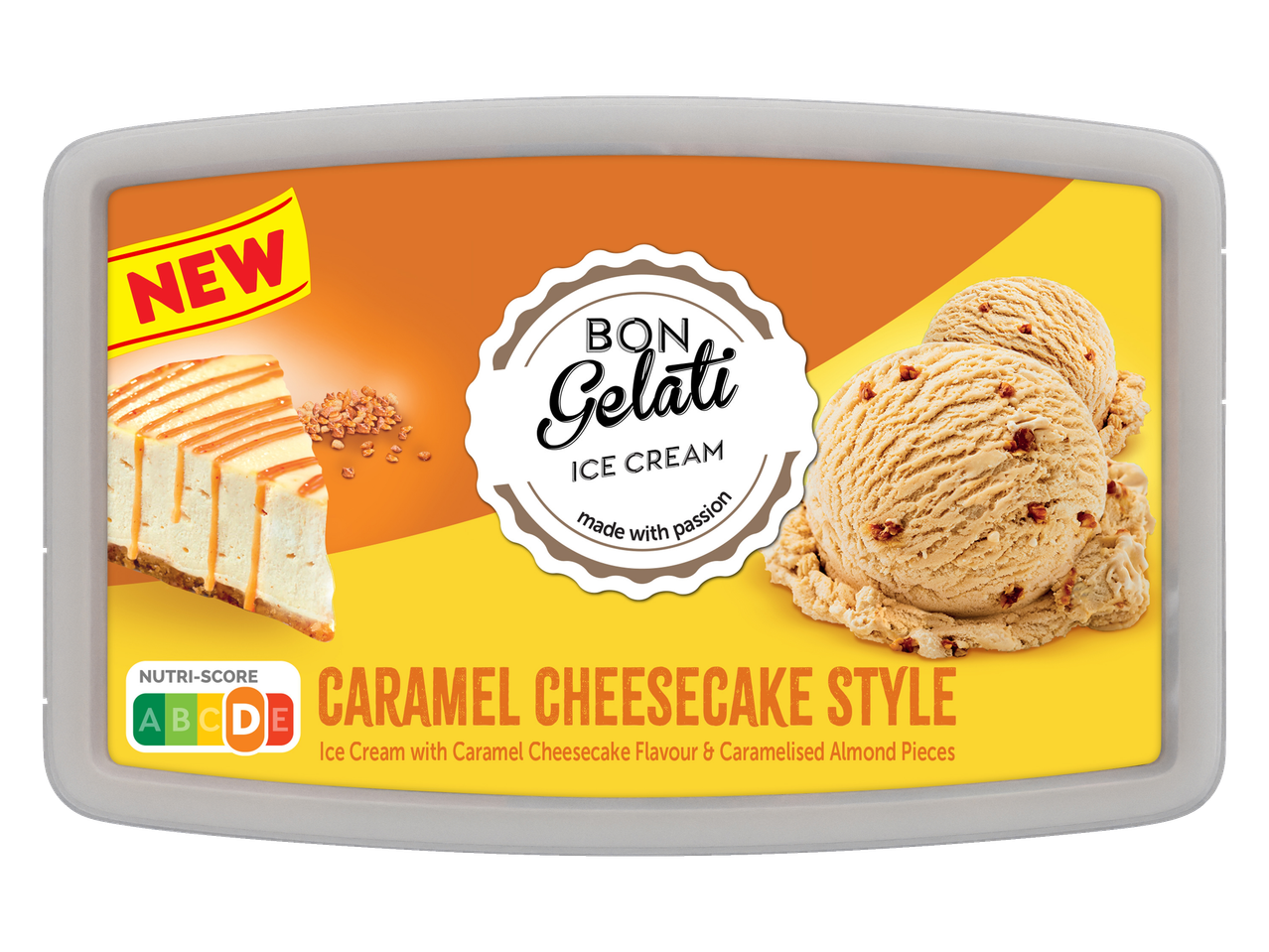 Novi Bon Gelati karamel kolač sladoled sa karamelizovanim bademima.