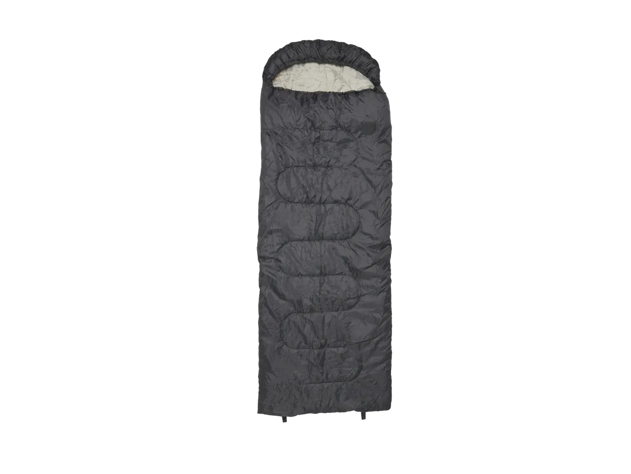 Dark grey sleeping bag with a light-colored interior lining, designed for outdoor use.