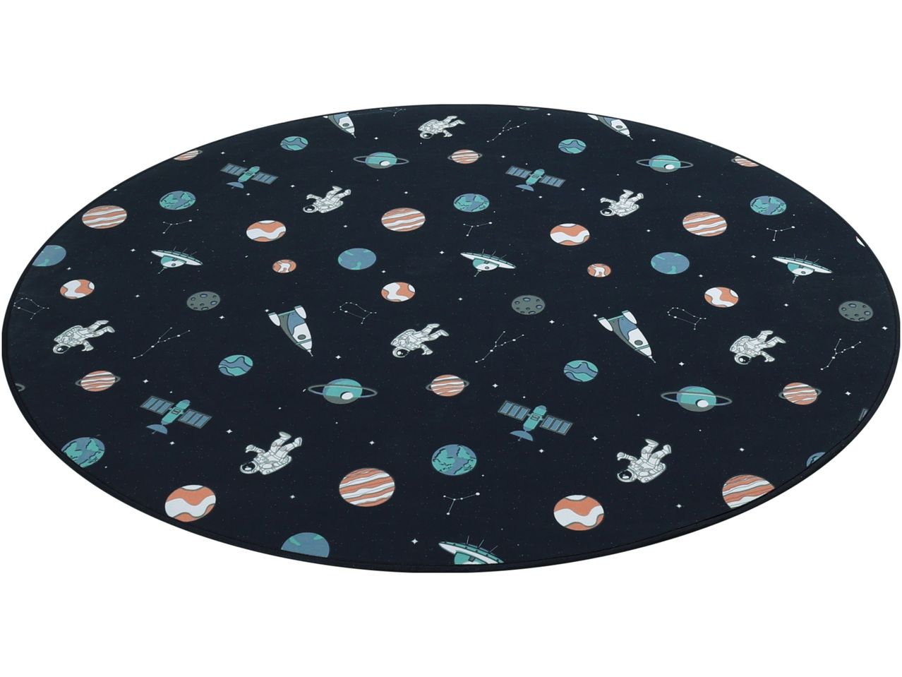 A round space-themed playmat features astronauts, planets, rockets, and satellites on a dark background.