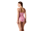 Costum de baie întreg CRIVIT pentru femei cu model zig-zag roz și violet, vedere din spate.