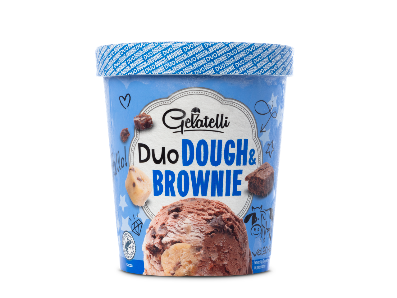 Gelatelli Duo Dough & Brownie ijs: brownie en cookie dough ijs.