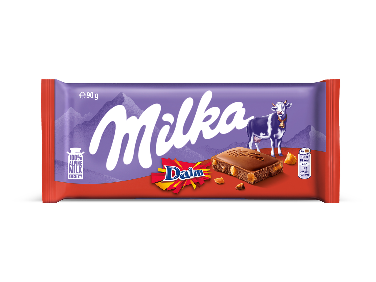 Paarse chocoladereep met Daim-stukjes, een koe en bergen op de verpakking, 90g.