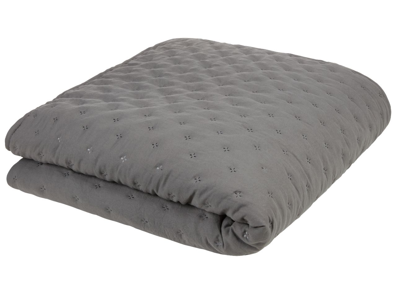 Сиво капитонирано одеяло с малки бродирани детайли, сгънато на две