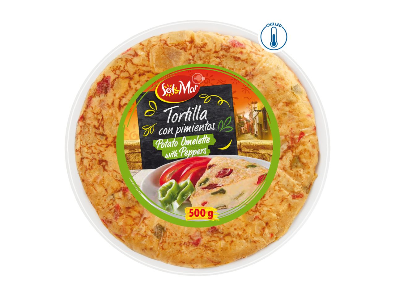 Sol&Mar Tortilla with Peppers, a potato omelette in a round container.