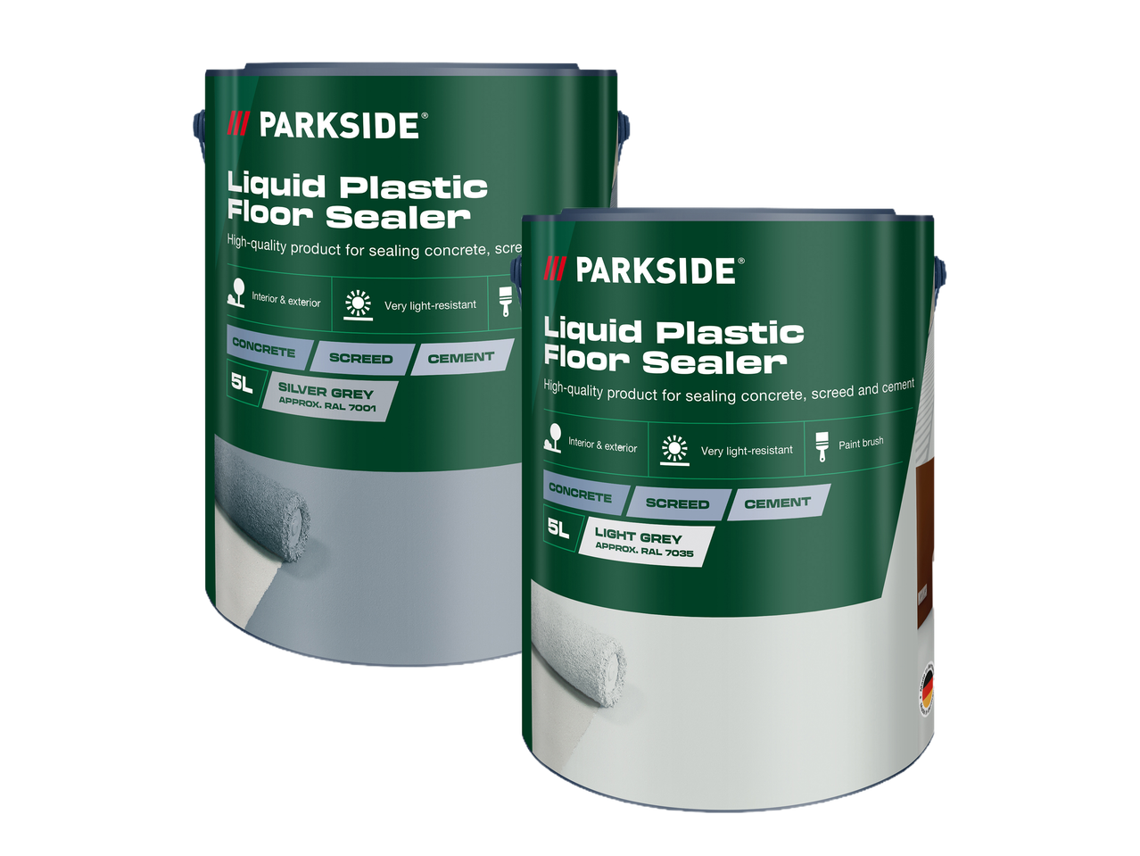 Dva pakiranja tekućeg plastičnog brtvila za podove u srebrnoj i svijetlosivoj boji.