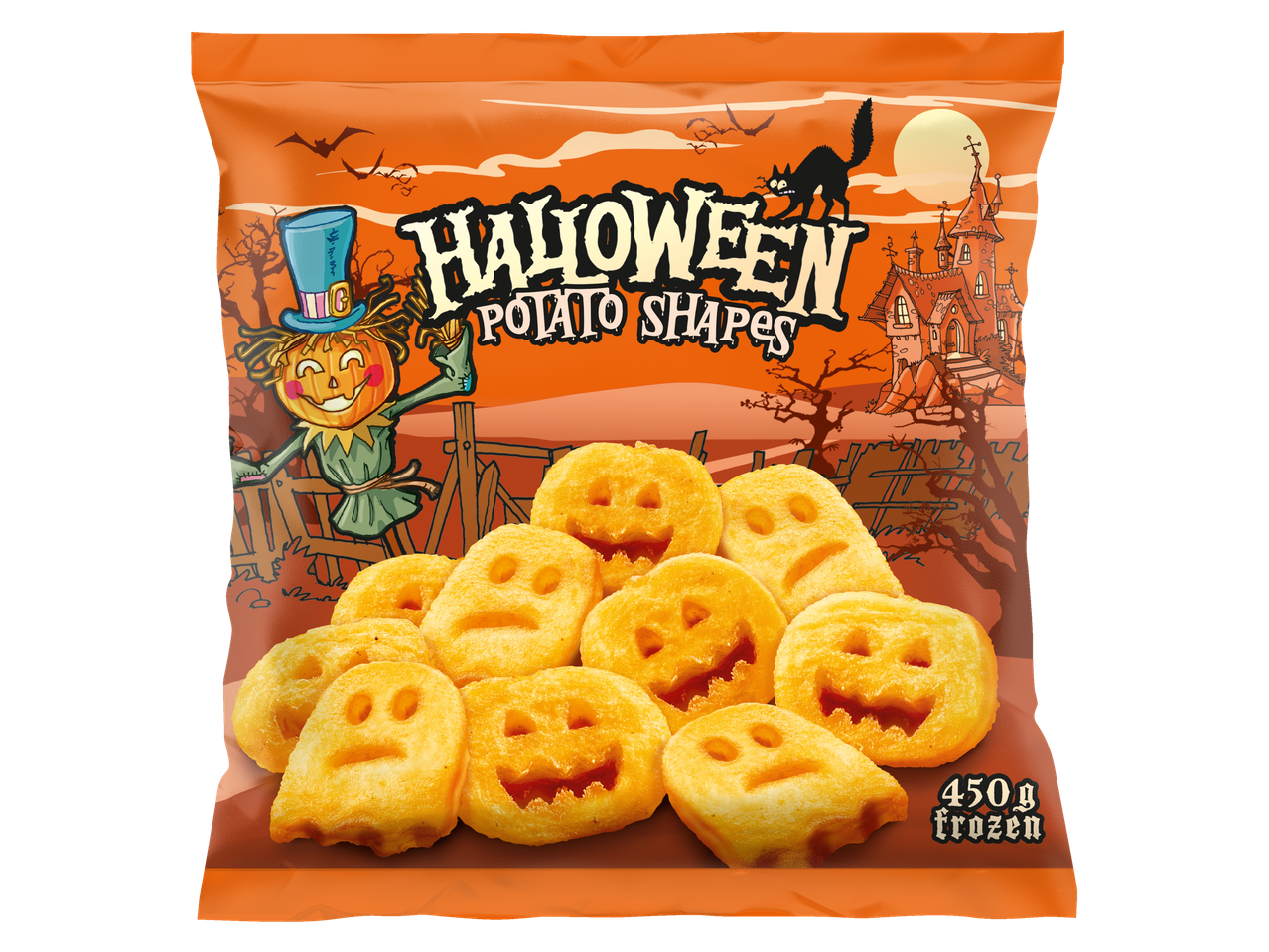 Halloweeni kartulikujulised snäkid kotis, õudse disainiga.