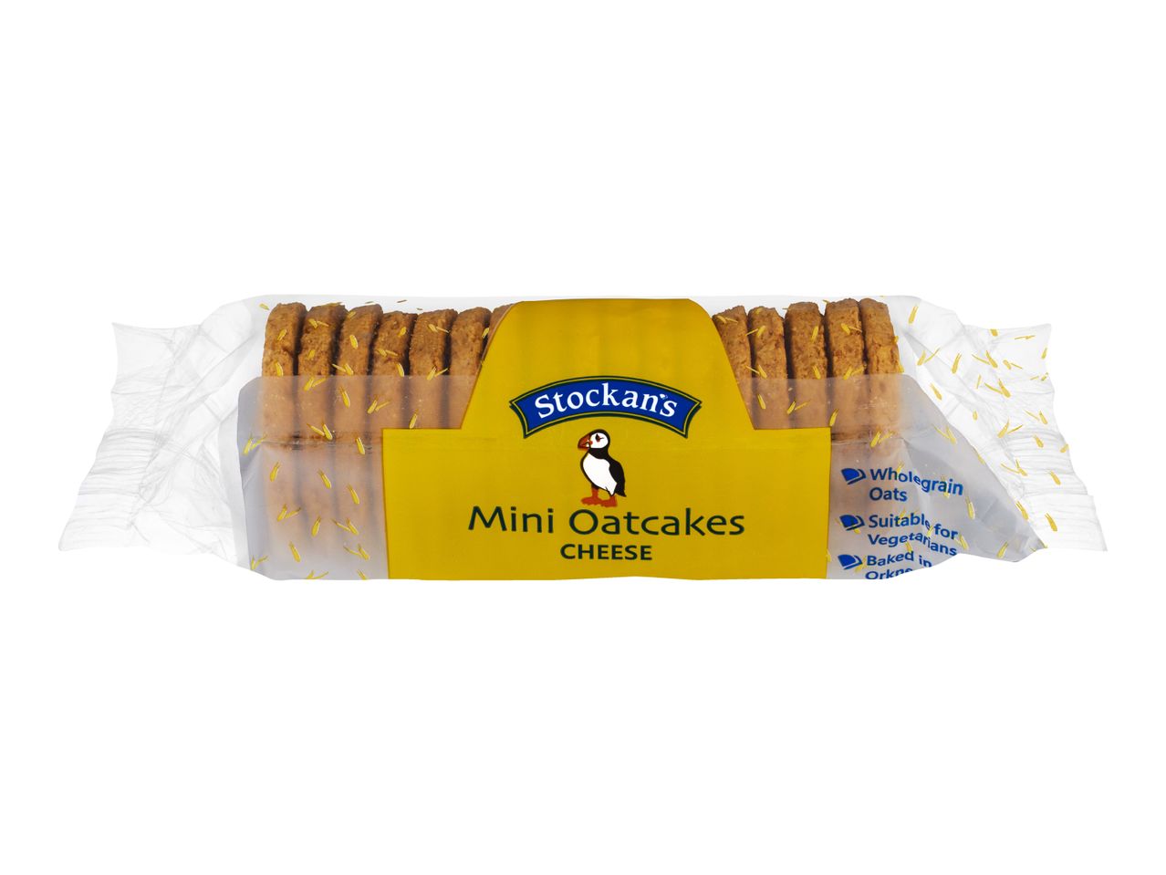 Pack of mini cheese oatcakes in clear packaging with a yellow label featuring a puffin.