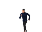 Bărbat purtând un tricou funcțional termic CRIVIT albastru închis și colanți negri, alergând.