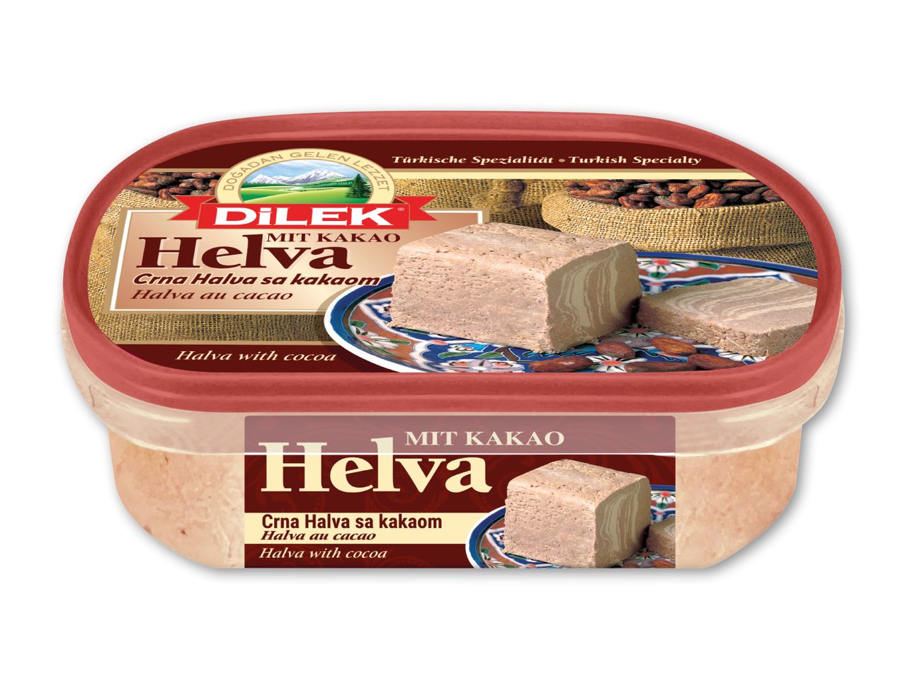 Halva med kakao i en beholder, med billeder af kakaobønner og halva på låget.