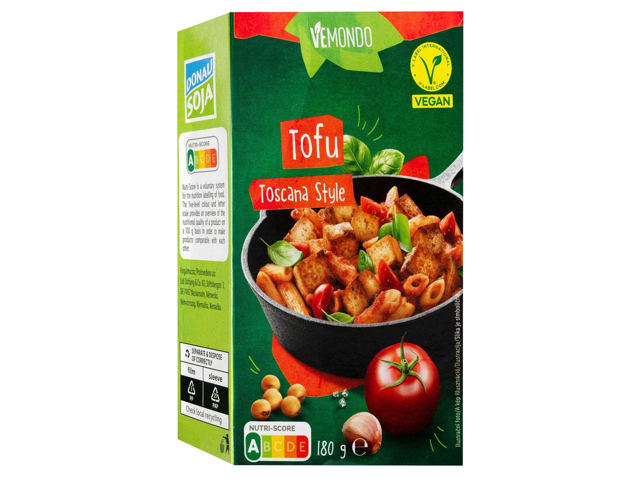 Vemondo Tofu Toscana Style csomagolás Nutri-Score és V-Label Vegan jelölésekkel.