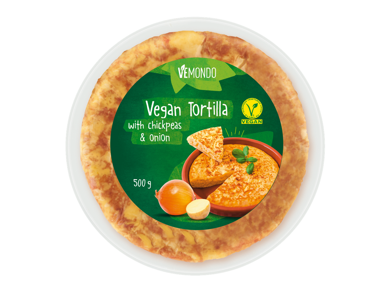 Tortilla vegana Vemondo com grão-de-bico e cebola.