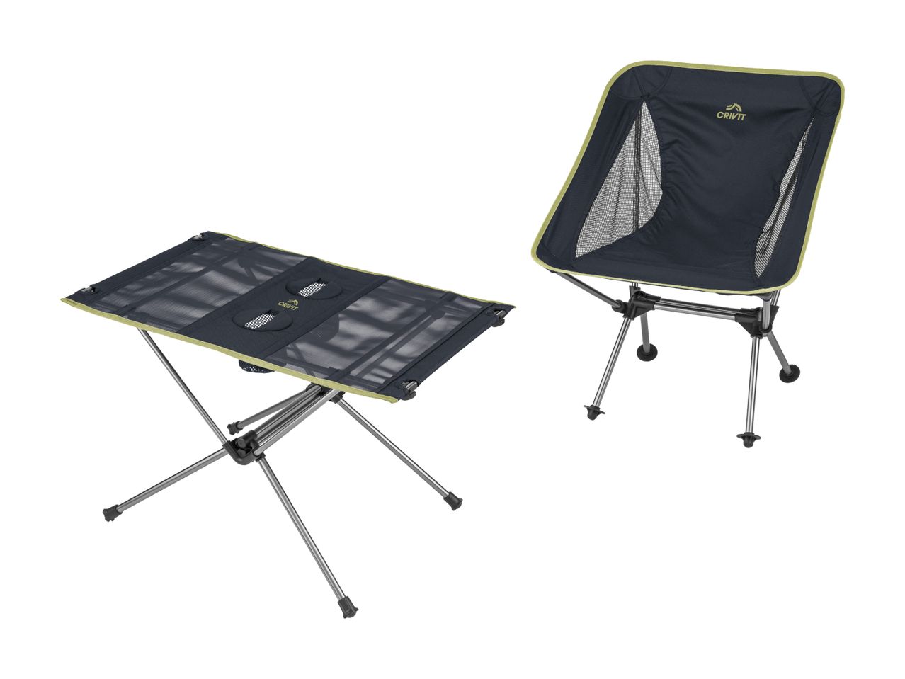 Ultralet campingbord og -stol i sort mesh.