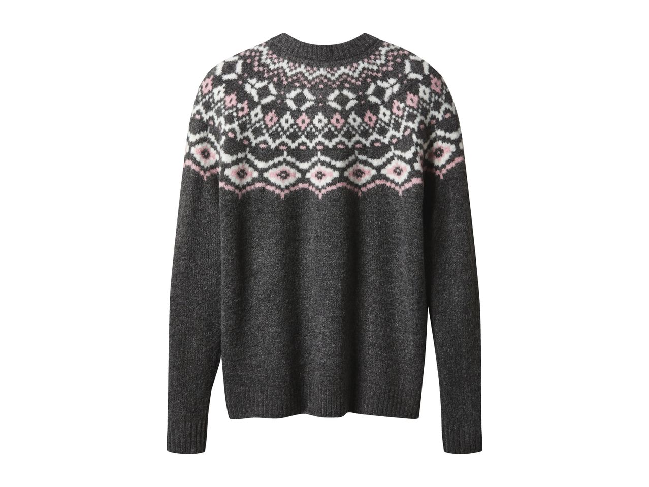 Women's grey knit sweater with a pink and white Fair Isle pattern