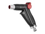 Black and red garden spray gun with a silver nozzle and quick connector