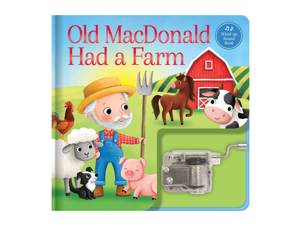 Children's book 'Old MacDonald Had a Farm' with a wind-up sound feature and farm animals.