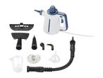 A handheld steam cleaner with various attachments for cleaning different surfaces.