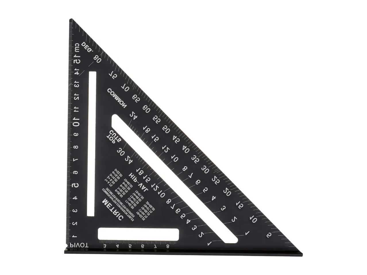 Black speed square with white markings and measurements on a white background.