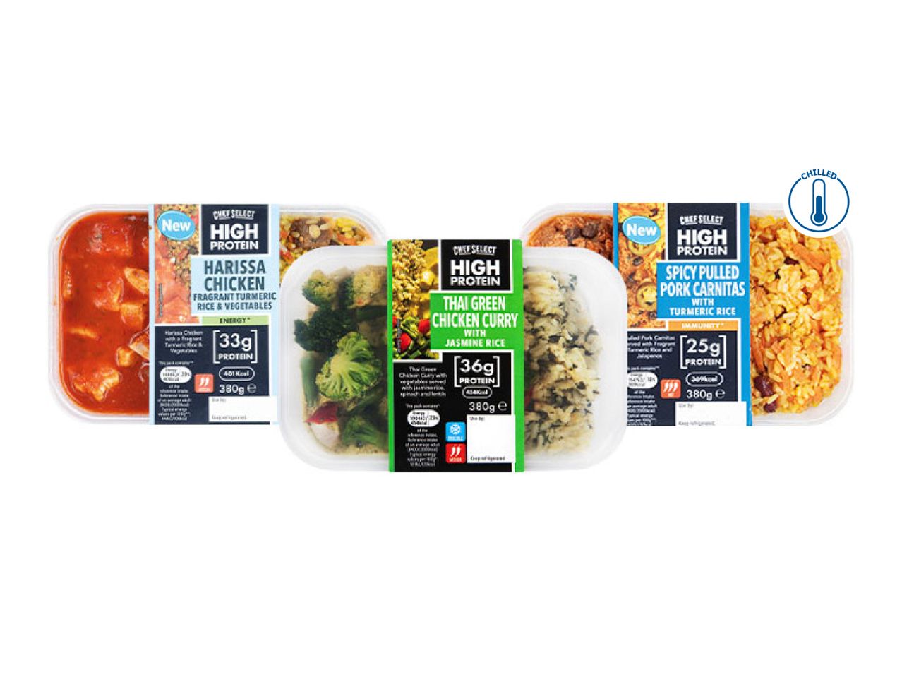 Three high-protein chilled meals: Harissa Chicken, Thai Green Chicken Curry, and Spicy Pulled Pork Carnitas.