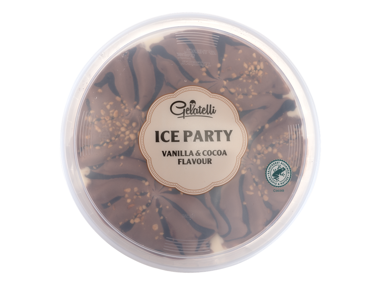 Tort înghețată Gelatelli Ice Party cu aromă de vanilie și cacao, cu logo Rainforest Alliance.