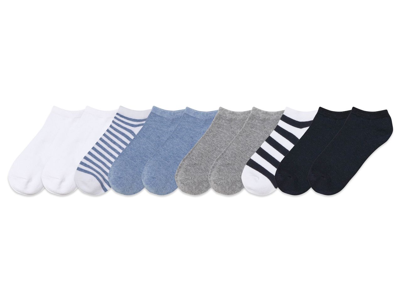 Ten pairs of Kids’ Trainer socks in various colors and patterns.